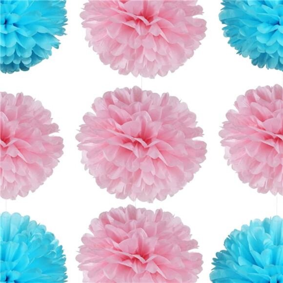 14" Pink & Blue Tissue Pom Poms Kit DIY Decorative Paper Flowers for Baby Shower - Picture 3 of 5